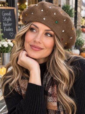 Parkhurst Sequins Embellished Wool Beret Brown Made in Canada